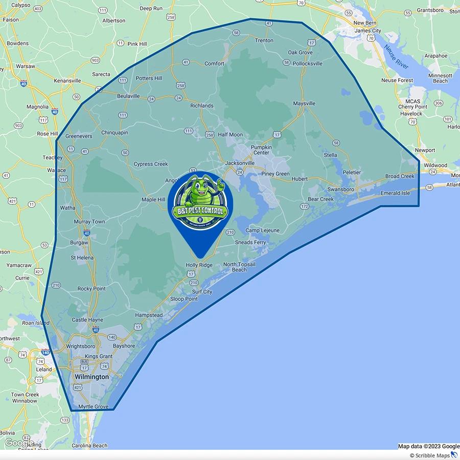 B&T Pest Control Service Area Map Wilmington and Jacksonville NC